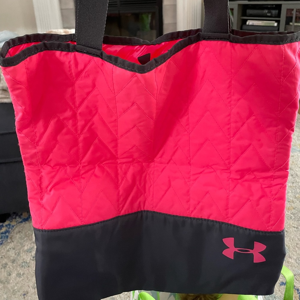Under Armour pink tote with breast cancer awareness emblem on one side